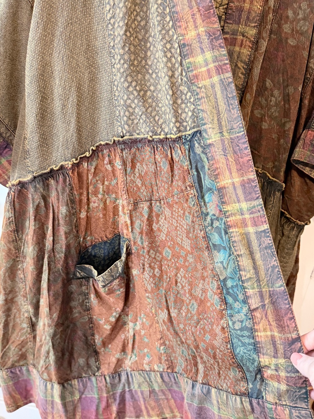 Boho Patchwork Draped Cape Jacket in Olive Multi - Picture 9 of 14